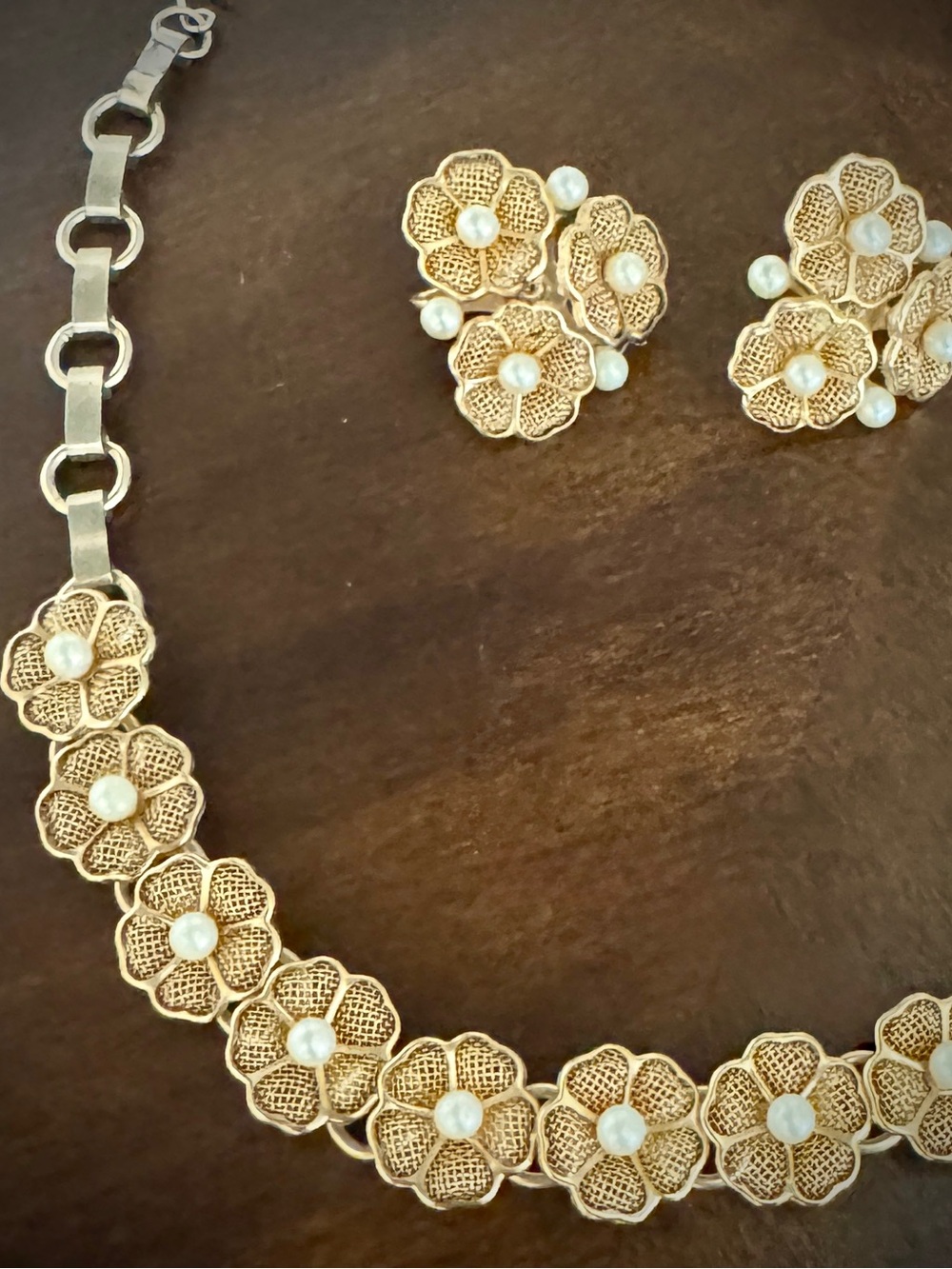 Vintage Gold Mesh Floral Pearl Accent Necklace and Earring Set